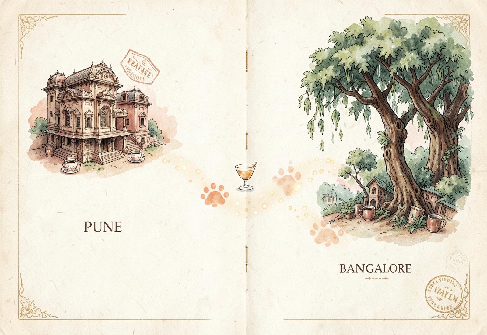 Watercolor storybook map tracing the journey from Pune to Bangalore